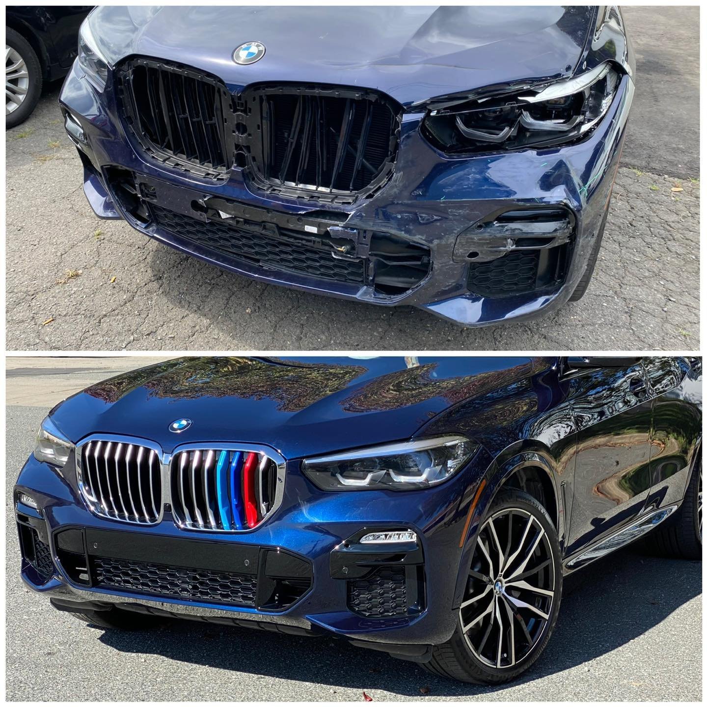 BMW X5 front-end damage above and completed repair below
